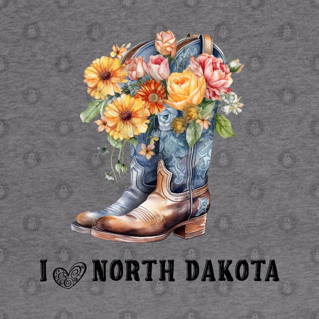 I Love North Dakota Boho Cowboy Boots with Flowers Watercolor Art by AdrianaHolmesArt